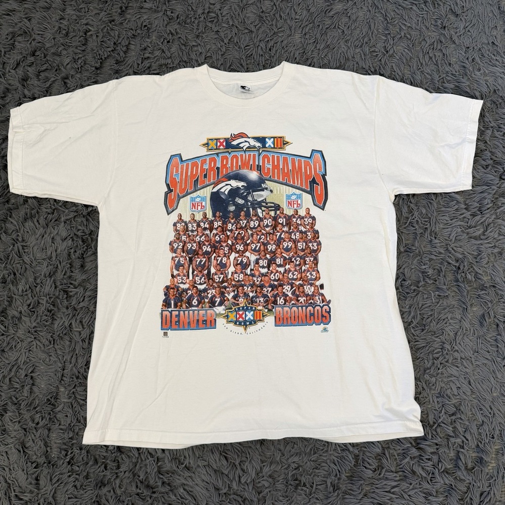 Vintage Starter 90s Mens XL SUPER BOWL XXXII Denver Broncos Team Photo Shirt